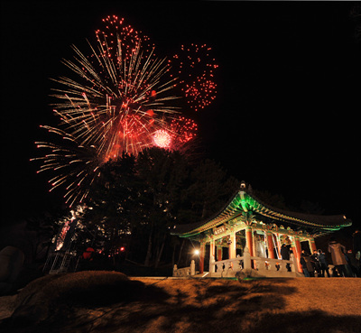 2018년 새해 첫날인 1일 울산대공원 동문광장 일원에서 열린 '아듀! 2017 송년제야행사'에서 불꽃이 새해 하늘을 화려하게 수놓고 있다.