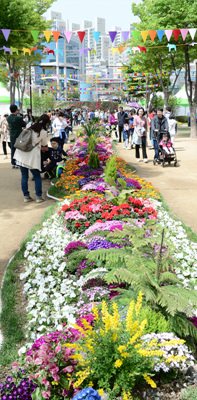 시민들이 형형색색의 아름다운 꽃밭을 걸으며 봄 정취를 만끽하고 있다.
