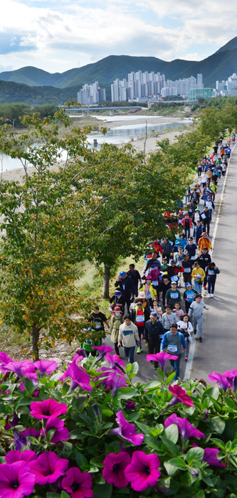 참가자들이 태화강의 운치를 감상하며 산책길을 걷고 있다.