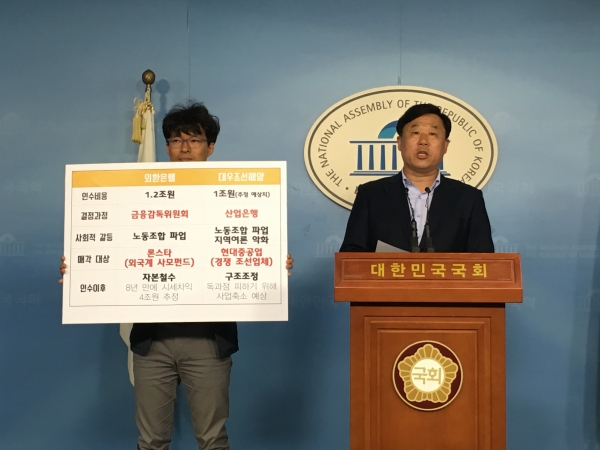 민중당 김종훈 의원이 17일 국회 정론관에서 현대중공업의 물적분할에 대한 산업은행의 책임있는 자세를 촉구하며 기자회견을 갖고 있다.