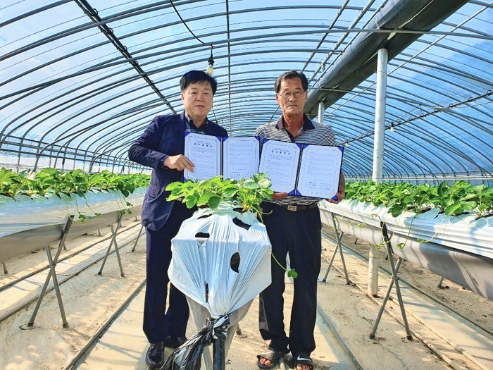 진성구 우리마크 사장과 양산시 딸기작목반이 원동딸기 공급 협약을 체결했다.