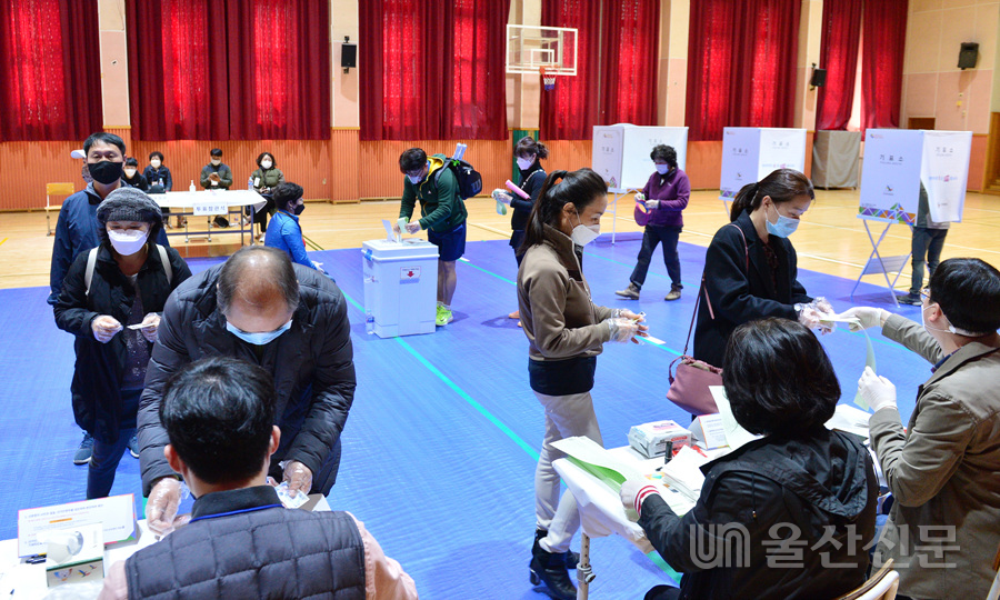 제21대 국회의원선거일인 15일 신정중학교 체육관에 마련된 남구 옥동 제3투표소에서 유권자들이 마스크와 비닐장갑을 착용한 채 투표를 하고 있다.