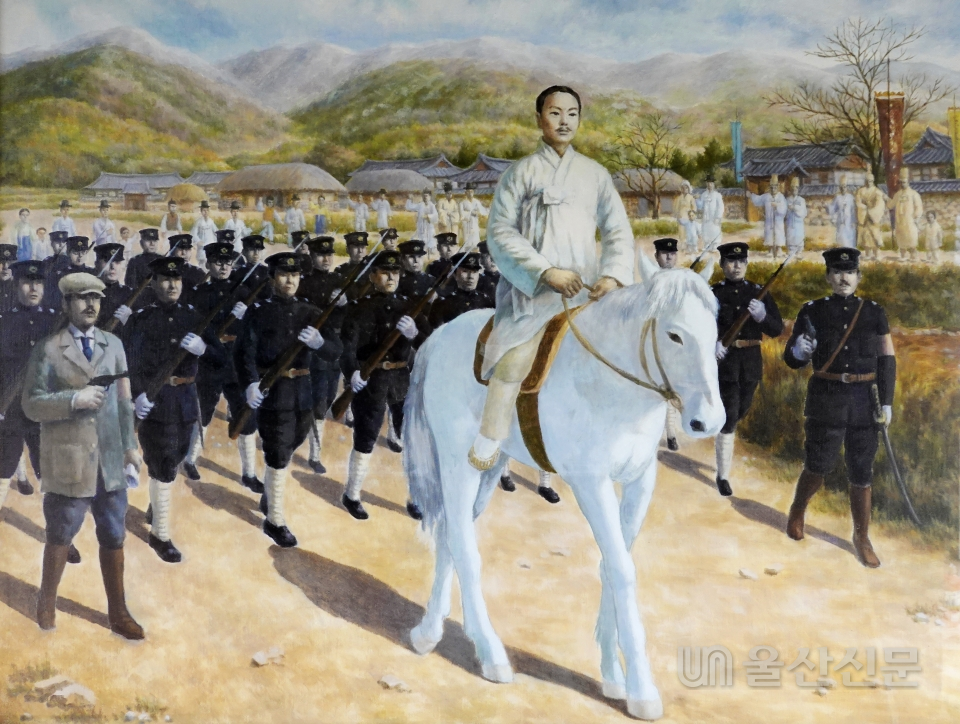 1918년 2월 1일 경주 녹동에서 모친상 중 일본경찰에 체포되어 압송되는 고헌 박상진 의사의 상상화. 출처 : 박상진의사 역사공원