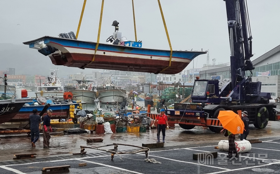 지난 14일 제14호 태풍 '찬투' 북상에 대비해 북구 정자항에 중장비를 이용해 어선들을 육지로 대피시키고 있다.