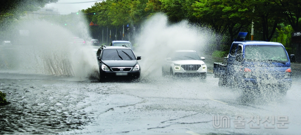 제14호 태풍 '난마돌'의 영향으로 19일 울산 남구 장생포로가 침수돼 차량들이 물보라를 일으키고 있다. 유은경기자 2006sajin@