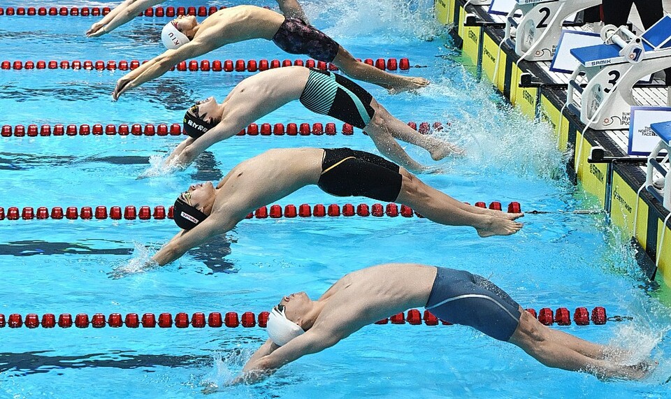 수영 남자일반부 배영 50m에서 25.16 기록으로 금메달을 차지한 울산 원영준(울산시체육회·밑에서 두번째).  유은경기자 2006sajin@