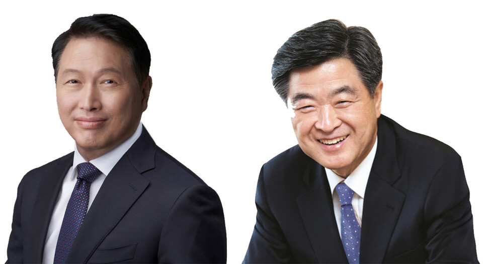  최태원 SK그룹 회장(왼쪽)과 권오갑 HD현대 회장이&nbsp;신년사를 발표했다.<br>