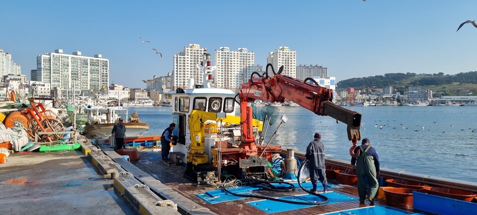 철 보다 일찍 도착해 준비 작업중인 멸치잡이 어선들.&nbsp;&nbsp;정은영 제공<br>